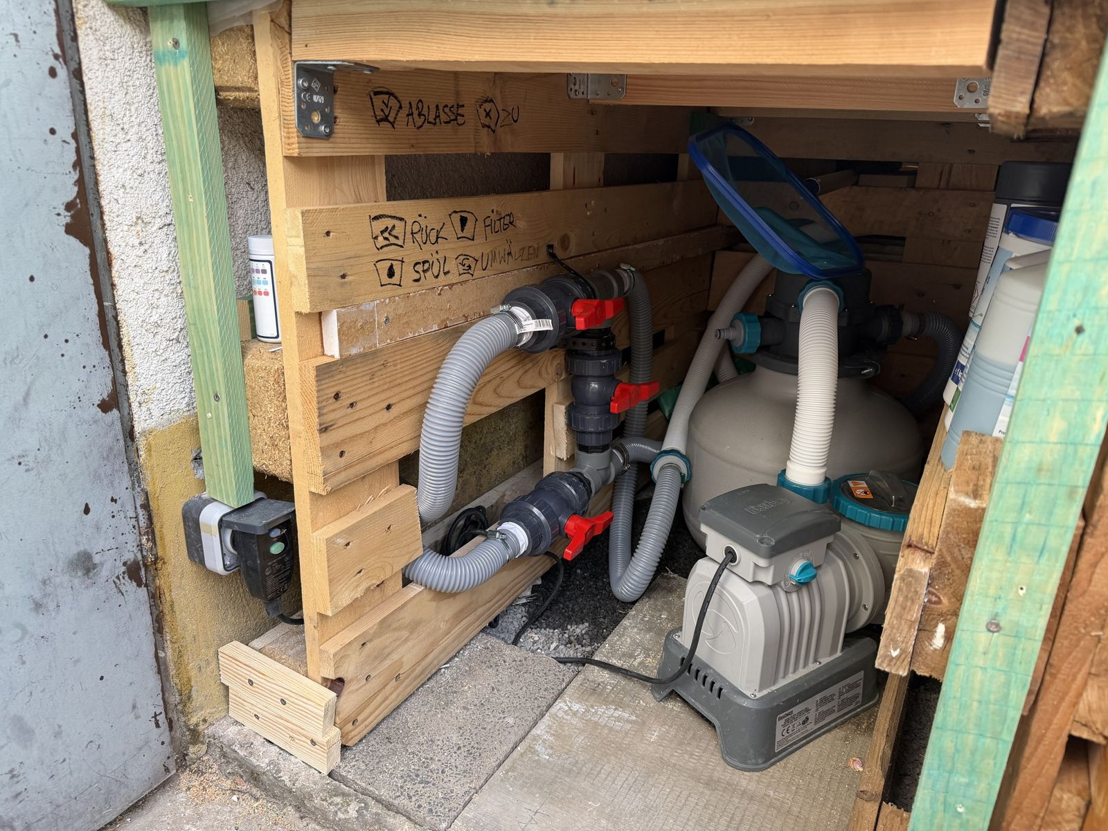 Filterpumpe und beschriftete Ventile im Technikfach unter dem Podest