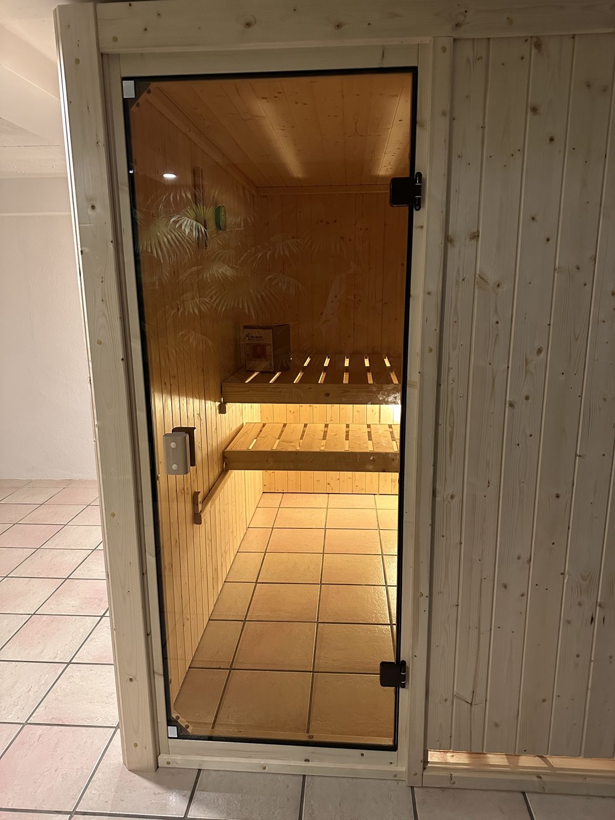 Beleuchteter Innenraum der Sauna mit zwei Liegebänken hinter der Glastür
